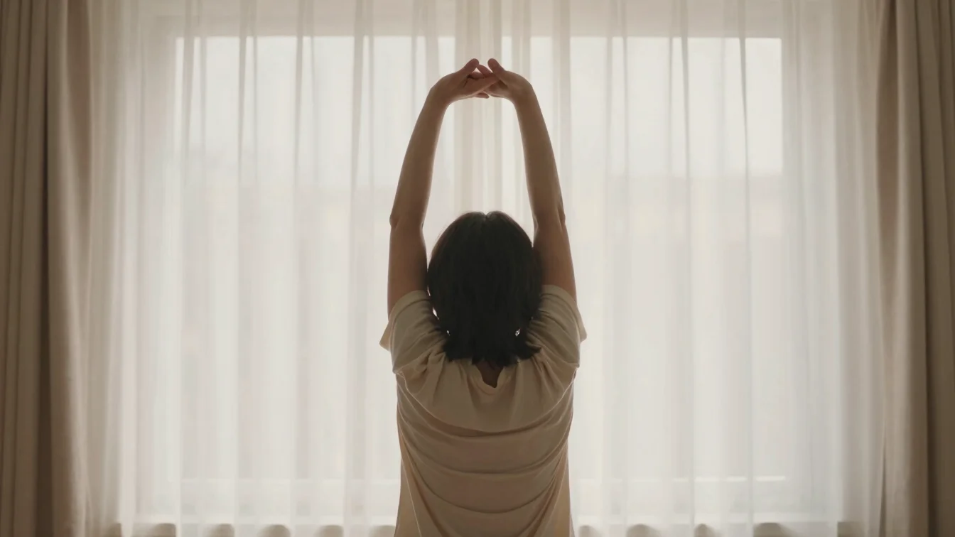 Person stretching in soft morning window daylight, warm earth tones, candid lifestyle photography