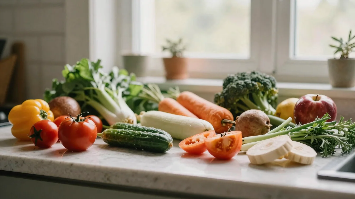 Vibrant whole food ingredients prepared on a kitchen counter, soft natural daylight