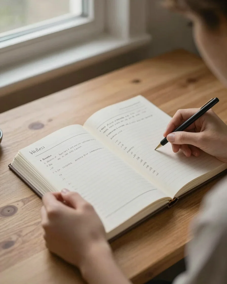 Candid photo of a person reviewing wellness journals and daily habit notes on a wooden table, soft window light