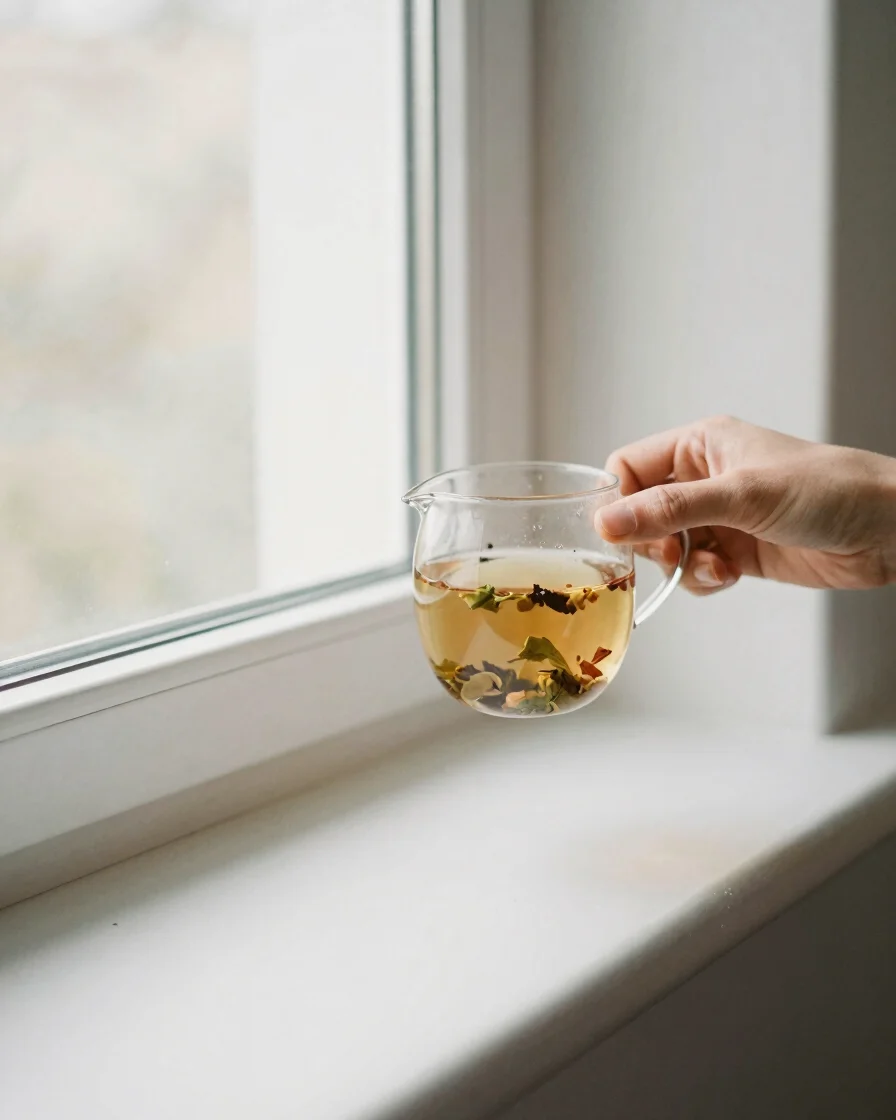 Authentic morning light portrait of a person brewing herbal tea b